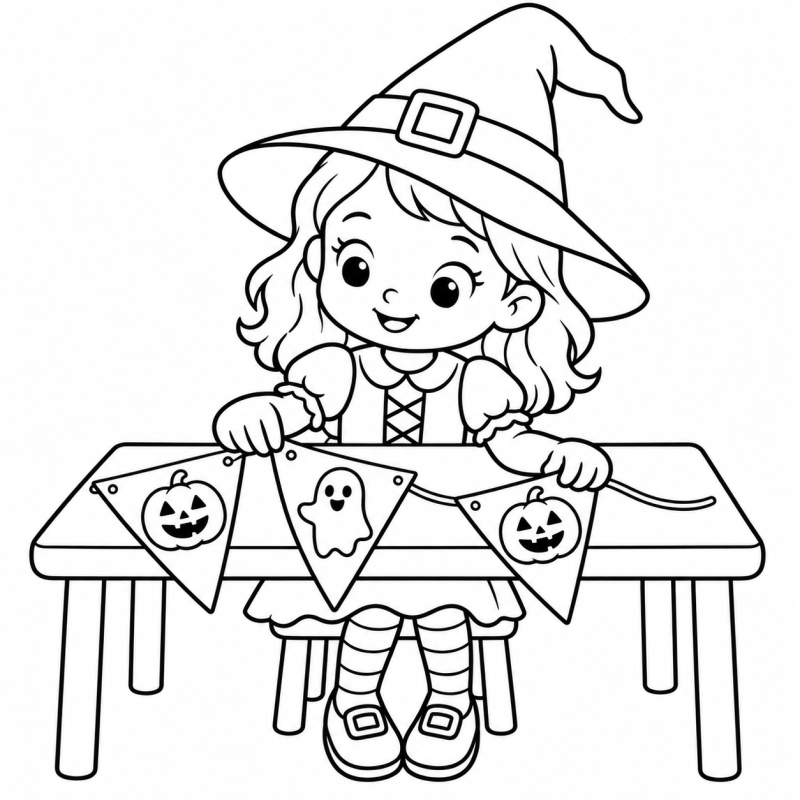 Bruxinha sentada à mesa preparando uma bandeirola com abóboras e fantasmas.