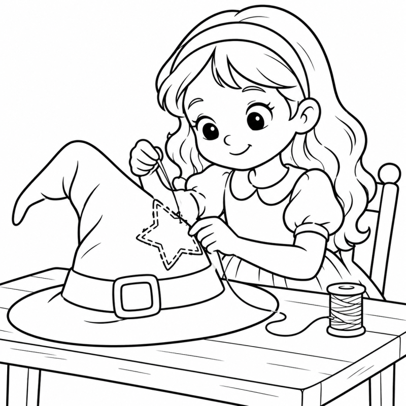 Desenho para colorir de uma bruxinha costurando um remendo de estrela em um chapéu