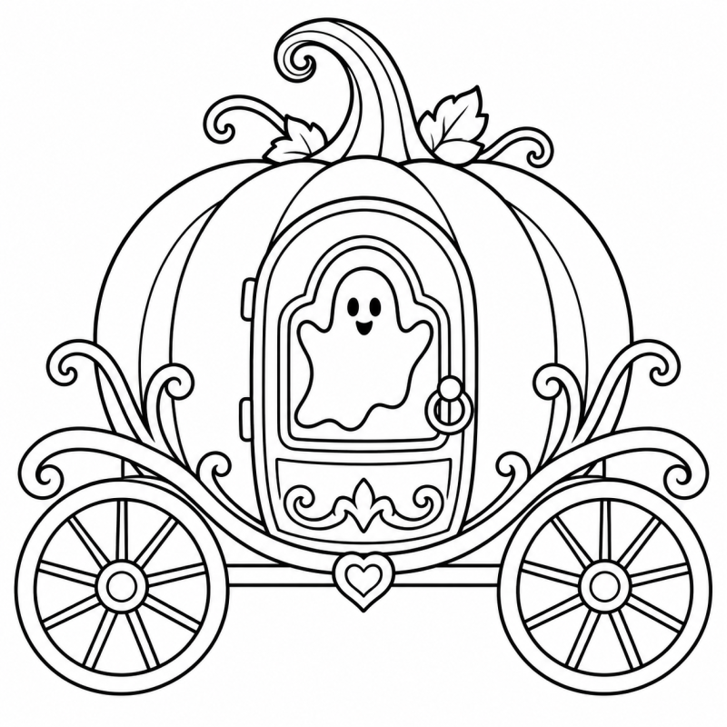 Desenho para colorir de uma carruagem em formato de abóbora com rodas e janela de fantasma
