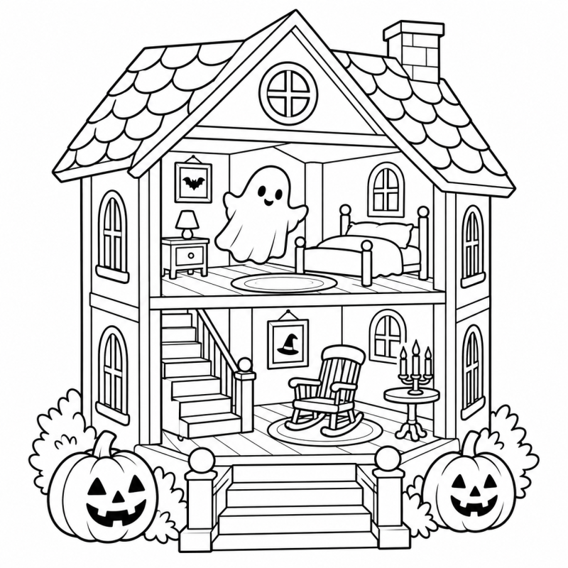 Casinha de brinquedo de Halloween com fantasminha, cadeira e abóboras