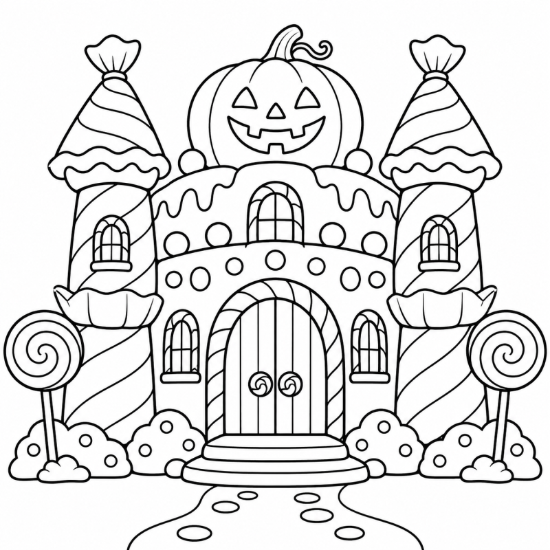 Castelo de doces com torres decoradas, pirulitos e abóbora no topo