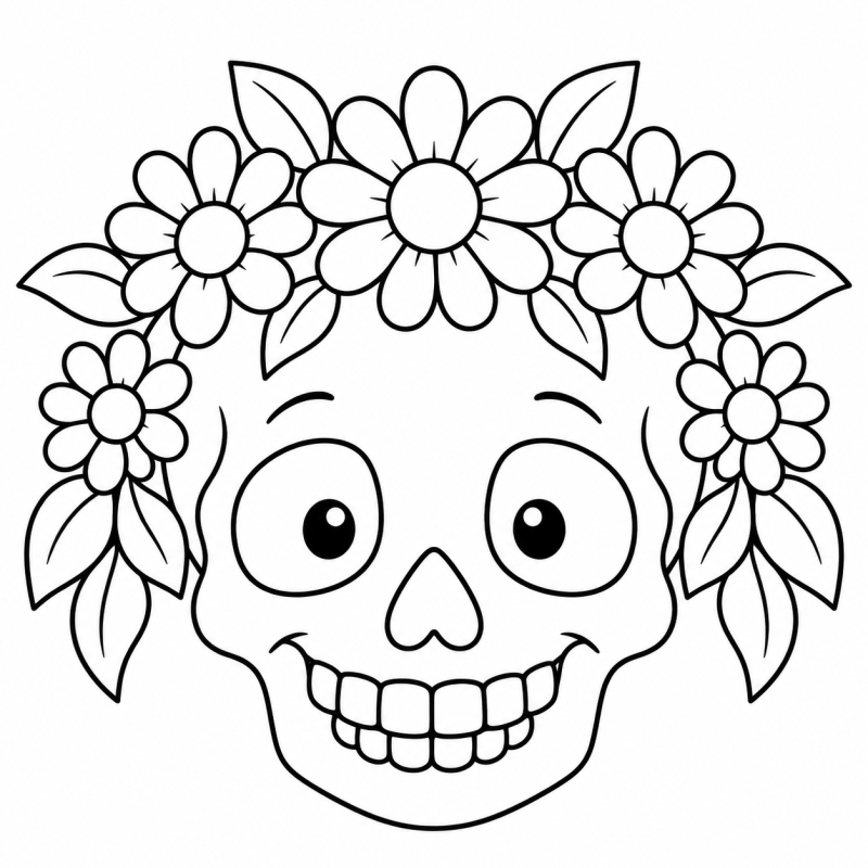 Caveira amigável com dentes simples cercada por flores e folhas