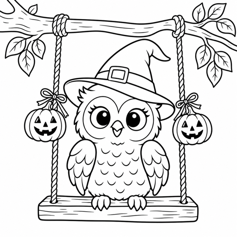 Desenho para colorir de uma coruja de chapéu de bruxa em um balanço decorado com abóboras