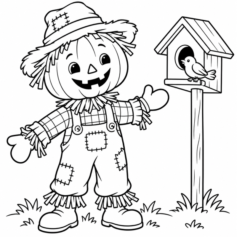 Desenho para colorir de um espantalho com cabeça de abóbora perto de uma casinha de passarinho