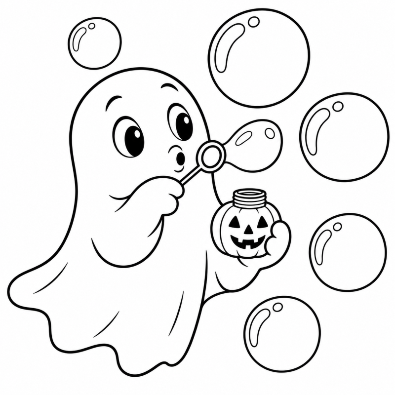 Desenho para colorir de um fantasminha fazendo bolhas de sabão com um pote de abóbora