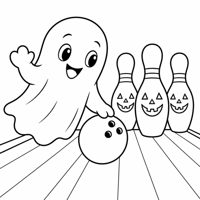 Desenho para colorir de um fantasminha jogando boliche com pinos decorados de abóbora