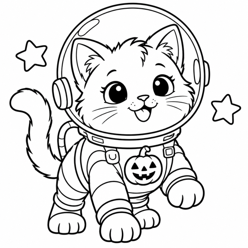 Desenho para colorir de um gatinho com fantasia de astronauta e emblema de abóbora