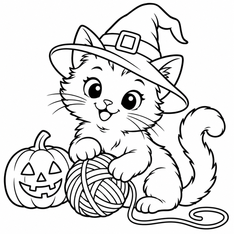 Gatinho de chapéu de bruxa brincando com um novelo junto a uma abóbora.