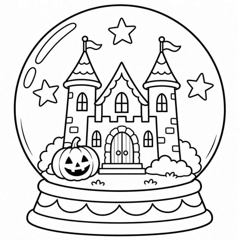 Globo decorativo com um castelo, uma abóbora e estrelas desenhadas em contorno.