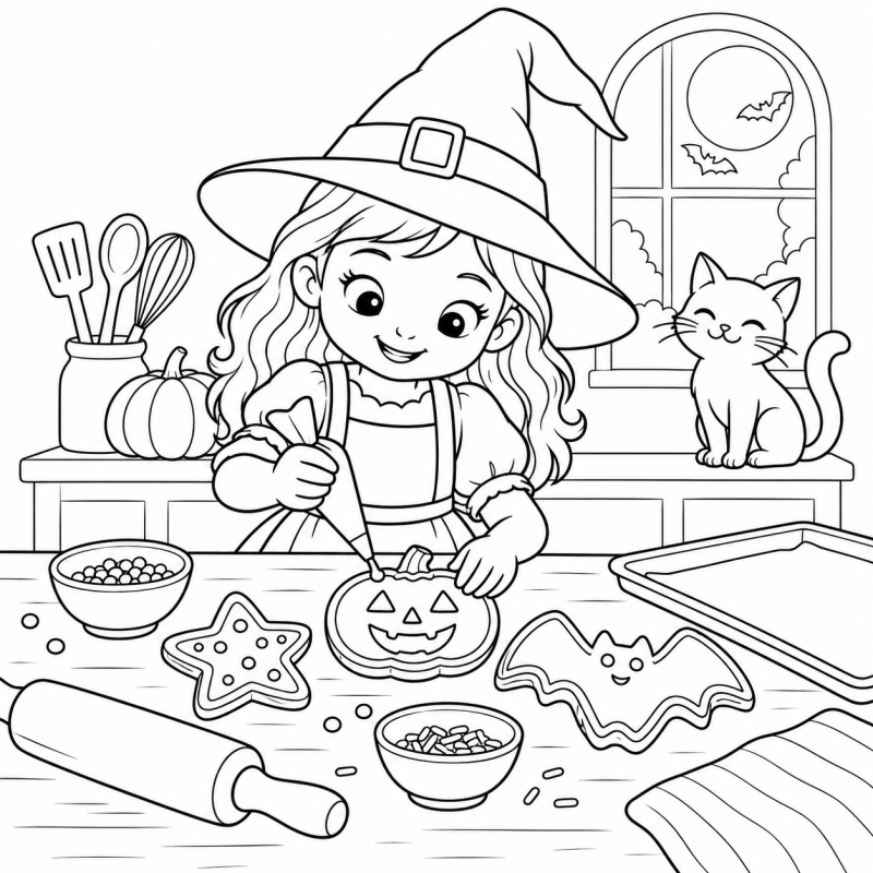 Bruxinha decorando biscoitos de abóbora, estrela e morcego sobre a mesa