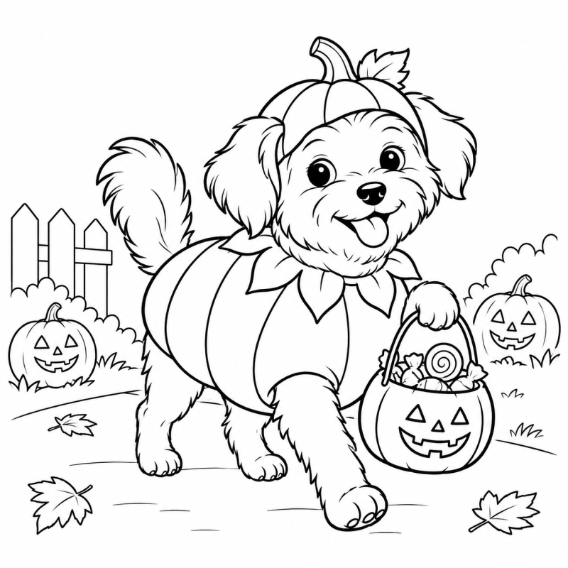 Cachorrinho com fantasia de abóbora caminhando com balde de doces no Halloween