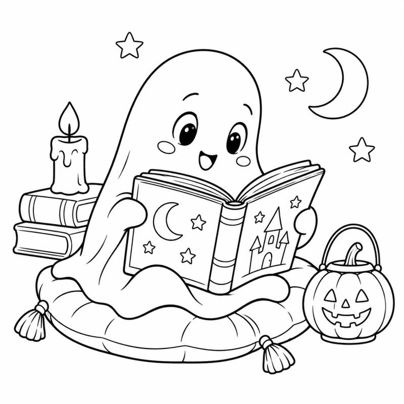 Fantasminha sentado em almofada lendo livro ao lado de abóbora de Halloween