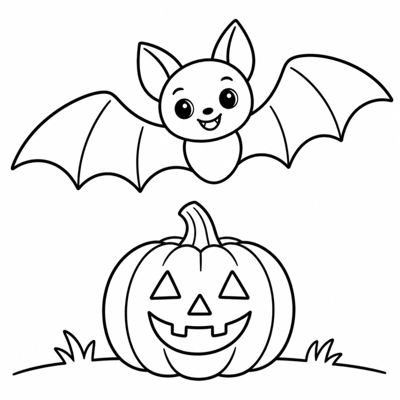 Morcego de asas abertas voando acima de uma abóbora sorridente de Halloween