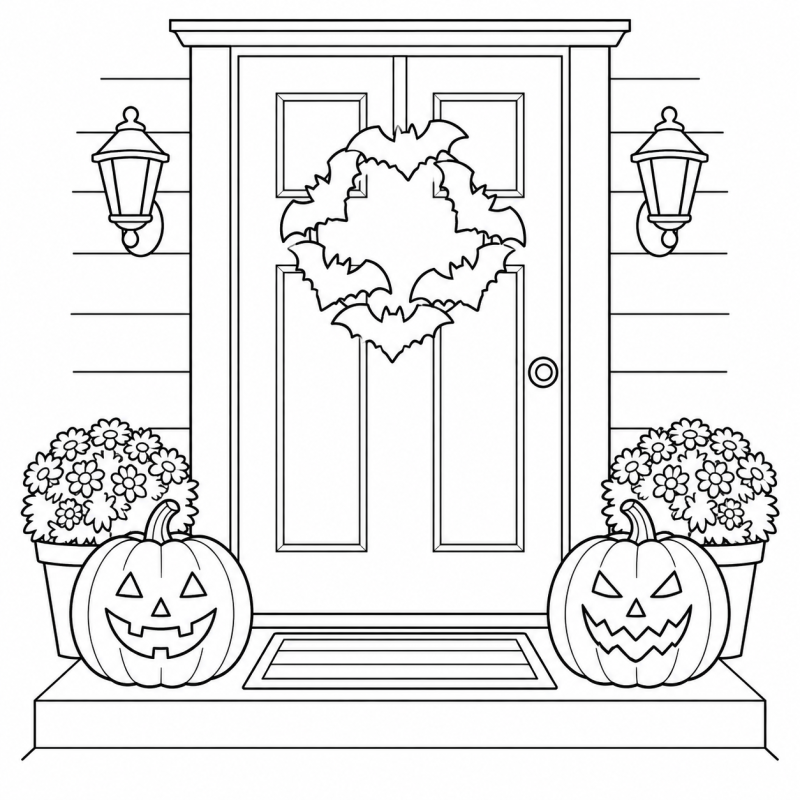 Porta de entrada com guirlanda de morcegos e duas abóboras de Halloween