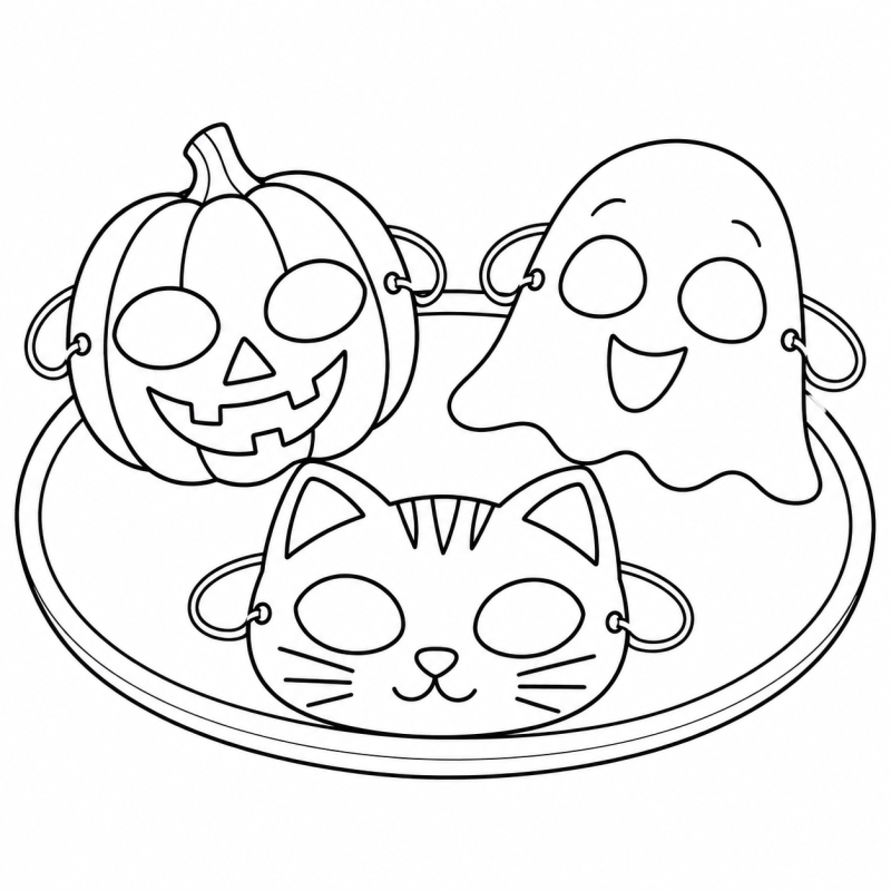 Máscaras de abóbora, fantasma e gato organizadas numa bandeja.