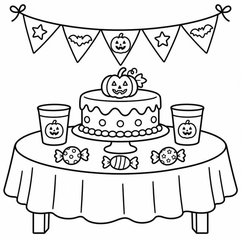 Mesa com bolo de abóbora, copos e uma bandeirola de Halloween.