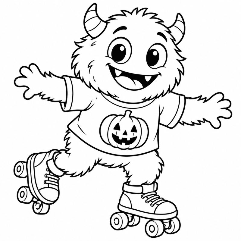 Desenho para colorir de um monstrinho de patins usando uma camiseta de abóbora