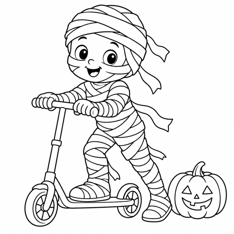 Múmia amigável sobre patinete junto a uma pequena abóbora