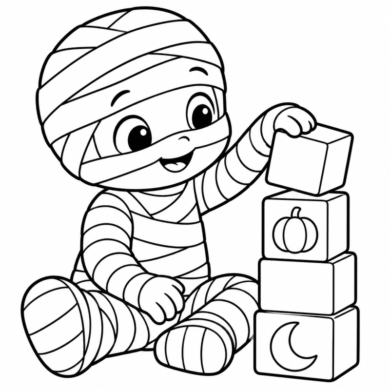 Desenho para colorir de uma múmia montando uma torre com blocos de brinquedo