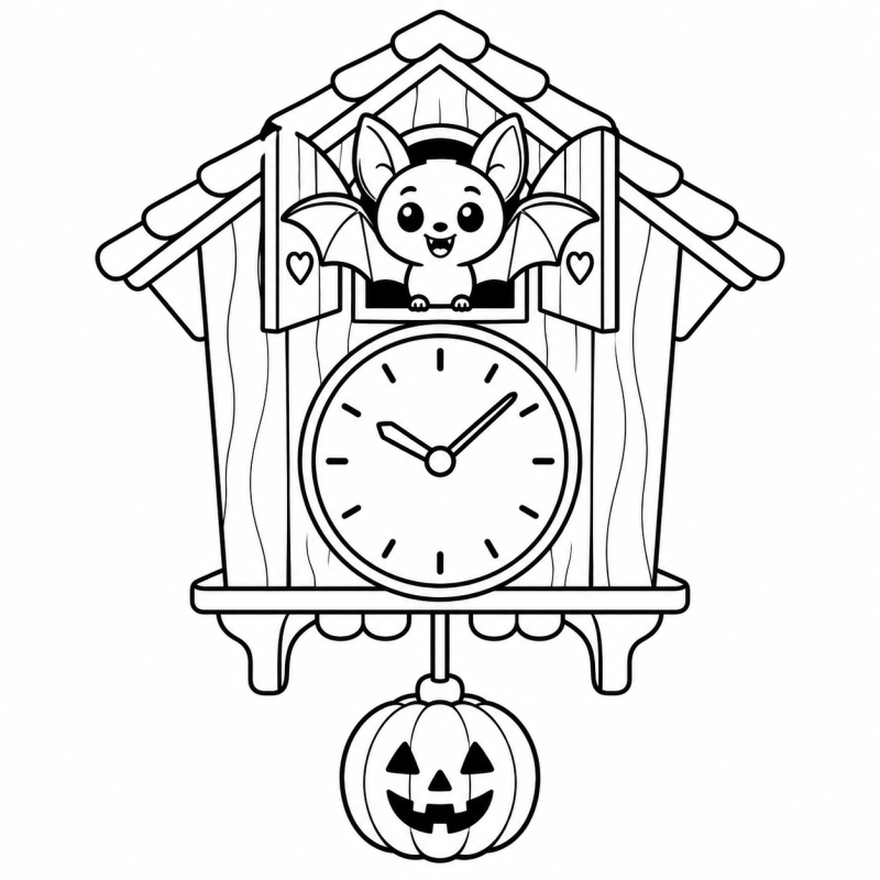 Desenho para colorir de um relógio de cuco decorado com morcego e abóbora