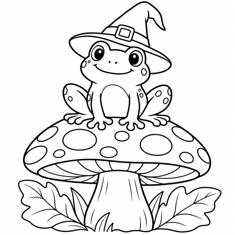 Desenho para colorir de um sapo de chapéu de bruxa sentado em um cogumelo