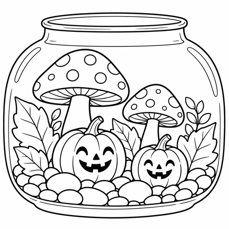 Desenho para colorir de um terrário de vidro com cogumelos e pequenas abóboras