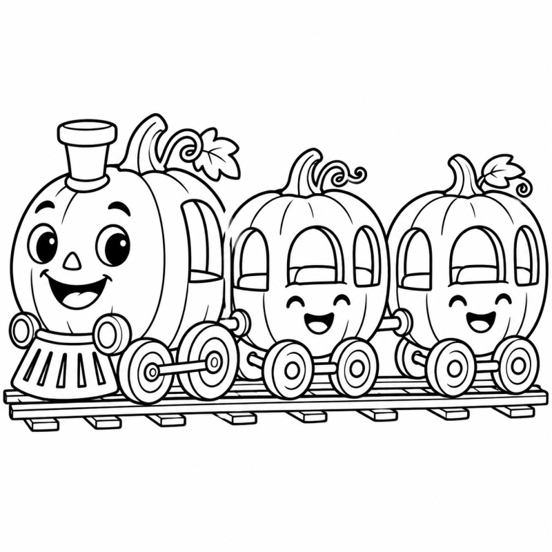 Trem de brinquedo com locomotiva e dois vagões em forma de abóboras
