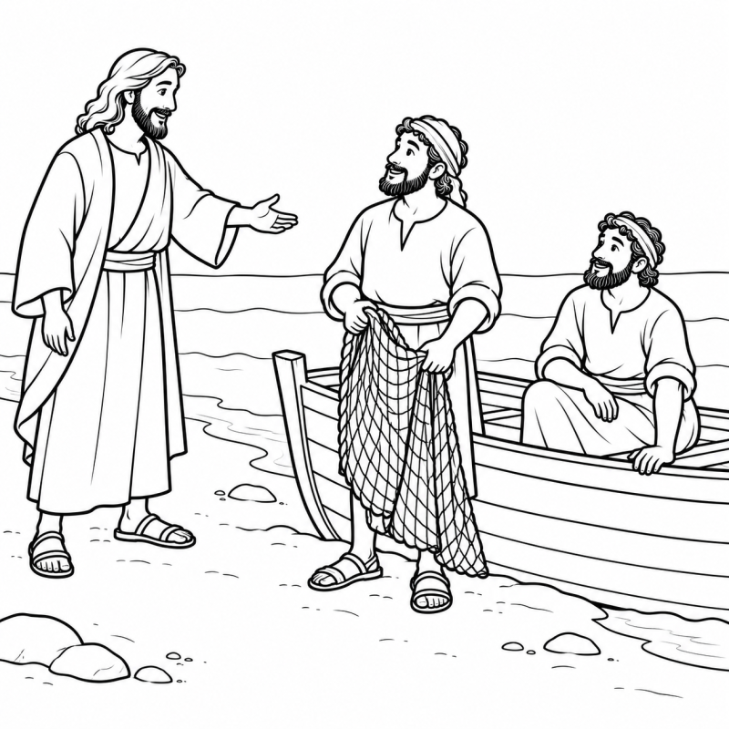 Jesus chamando dois pescadores junto a barco e rede na margem