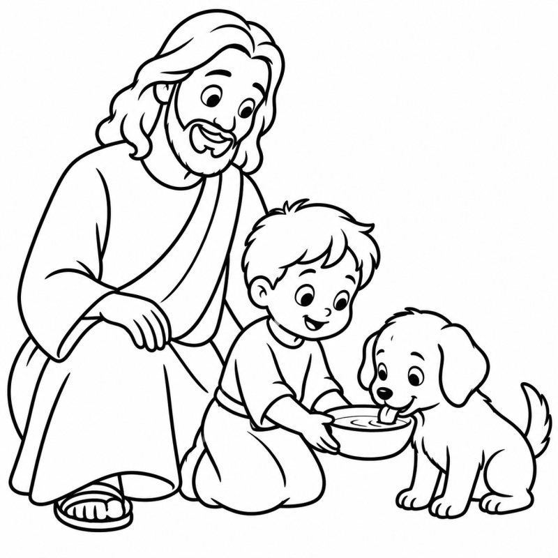 Jesus e criança oferecendo água a um cachorrinho para colorir