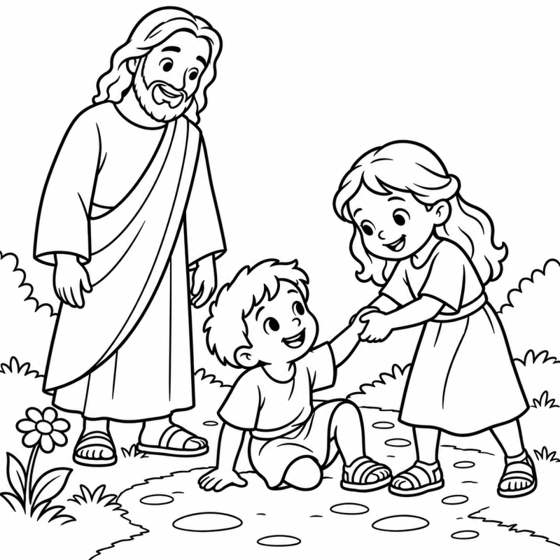 Jesus e duas crianças ajudando um amigo para colorir