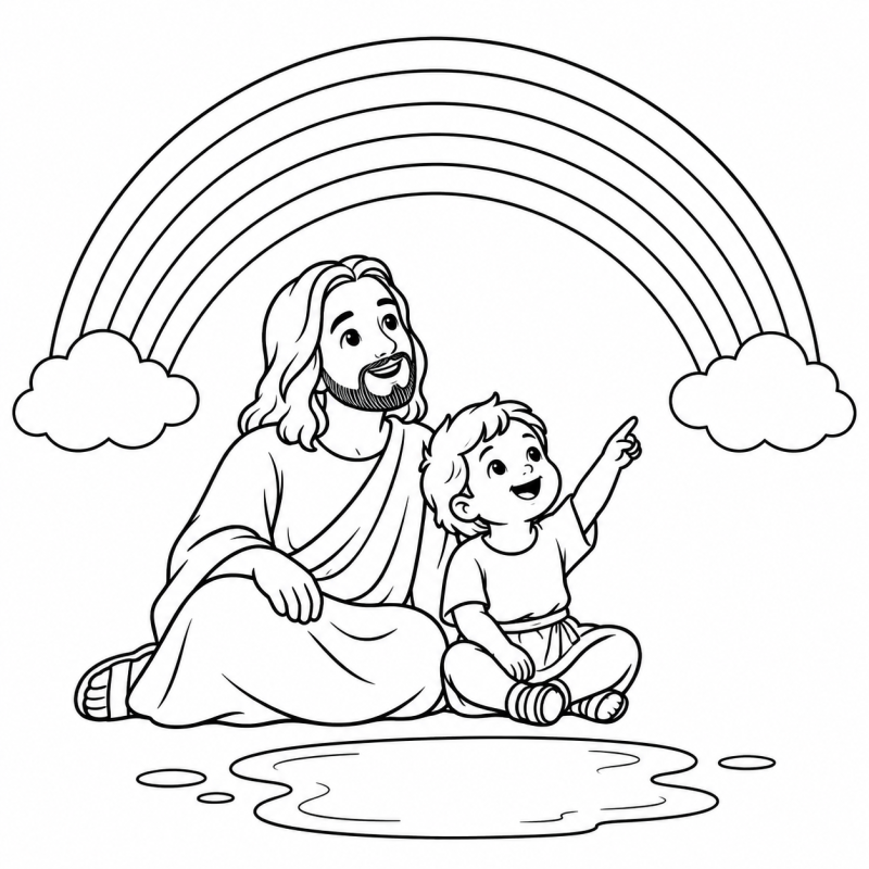 Jesus e criança olhando arco-íris após a chuva para colorir