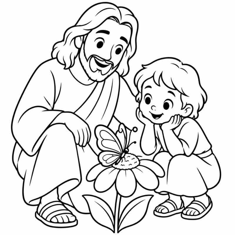 Jesus e criança observando borboleta numa flor para colorir