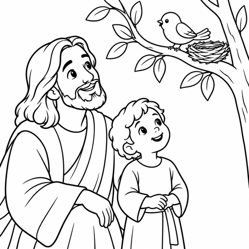 Jesus e criança observando passarinho e ninho para colorir