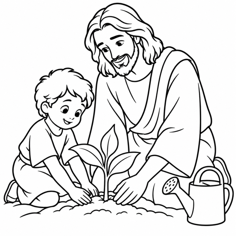 Jesus e criança plantando uma muda em desenho para colorir