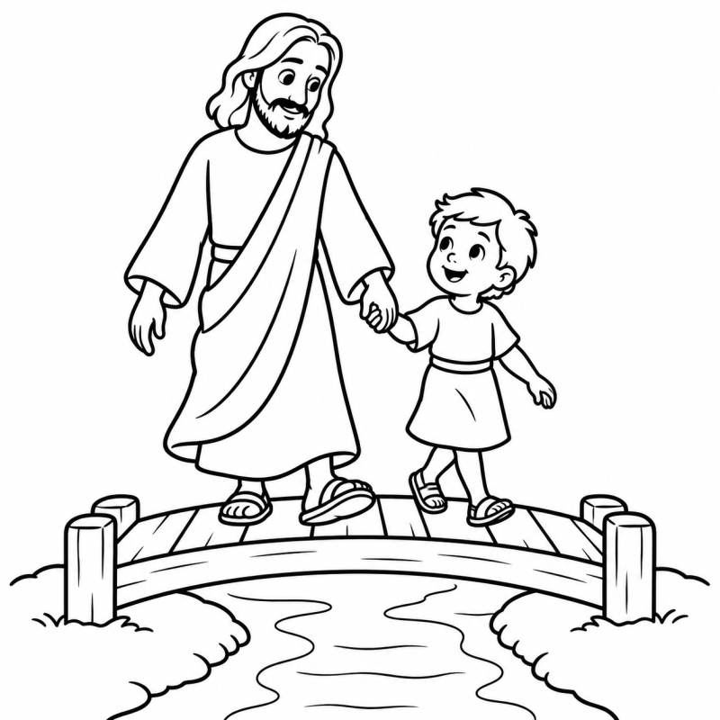 Jesus de mãos dadas com criança atravessando ponte para colorir