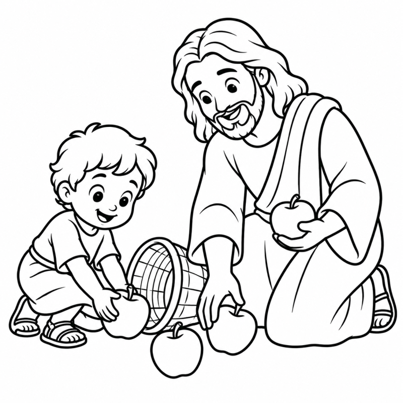 Jesus e criança recolhendo maçãs caídas para colorir