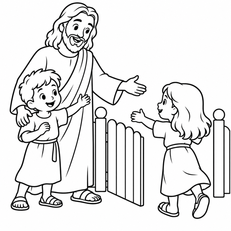 Jesus e crianças recebendo amigo no portão para colorir