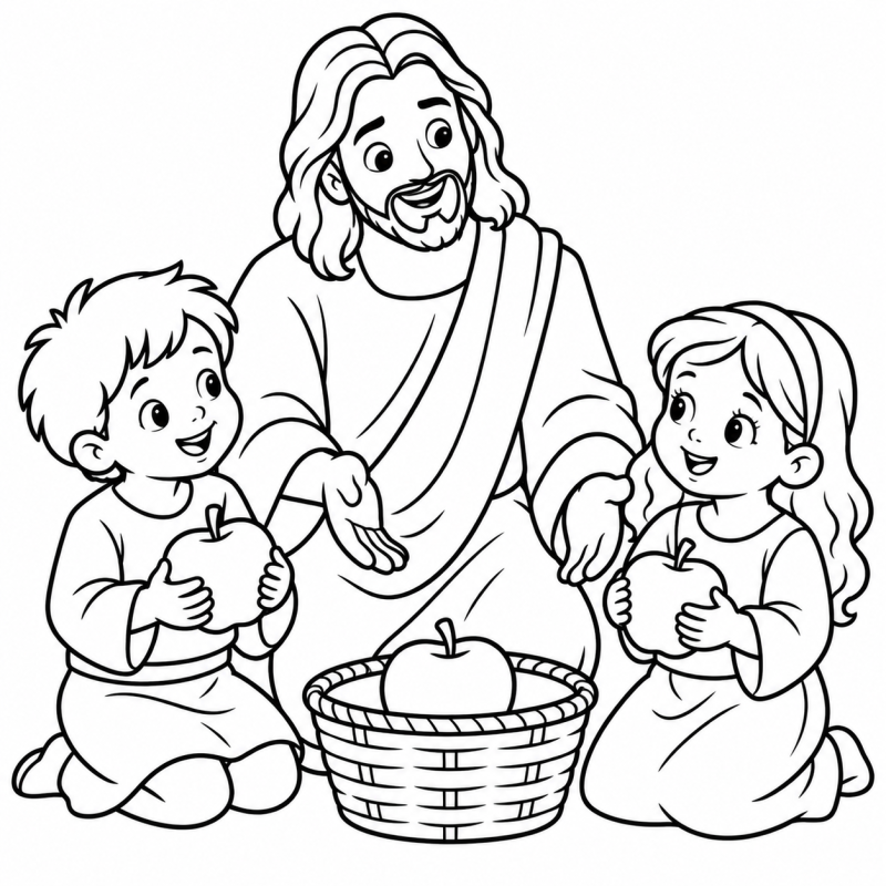 Jesus e duas crianças compartilhando maçãs para colorir
