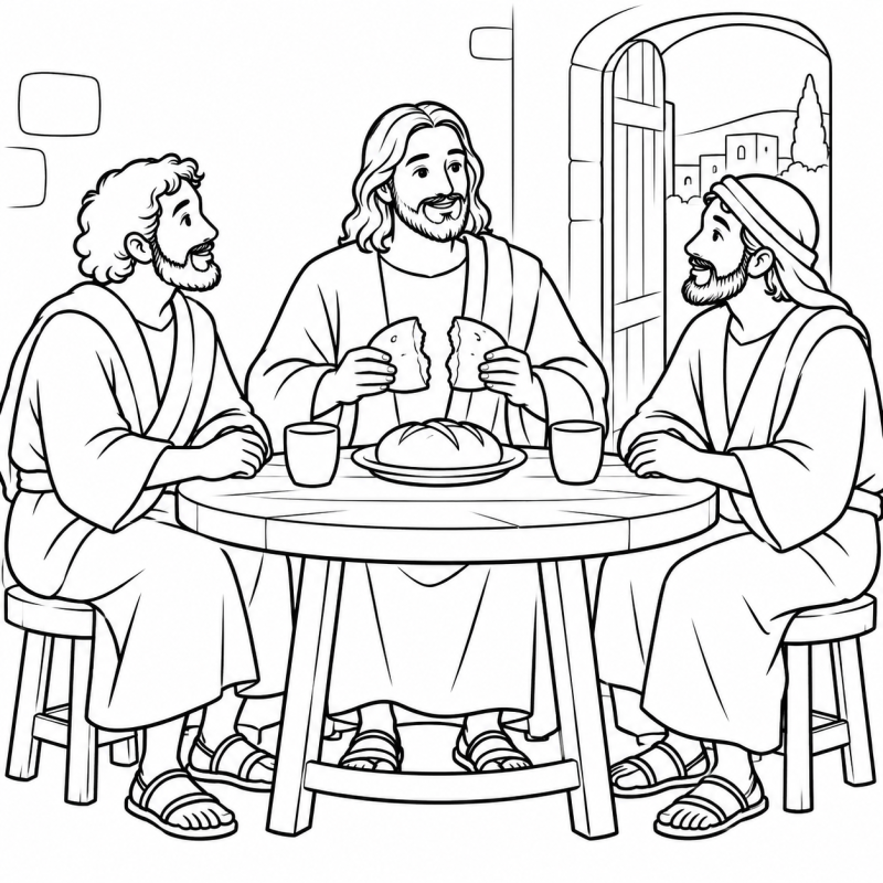 Jesus à mesa partilhando pão com os dois discípulos de Emaús