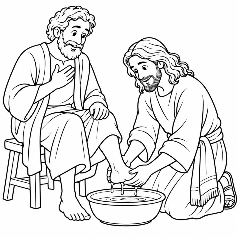 Jesus ajoelhado lavando um pé de Pedro junto a bacia