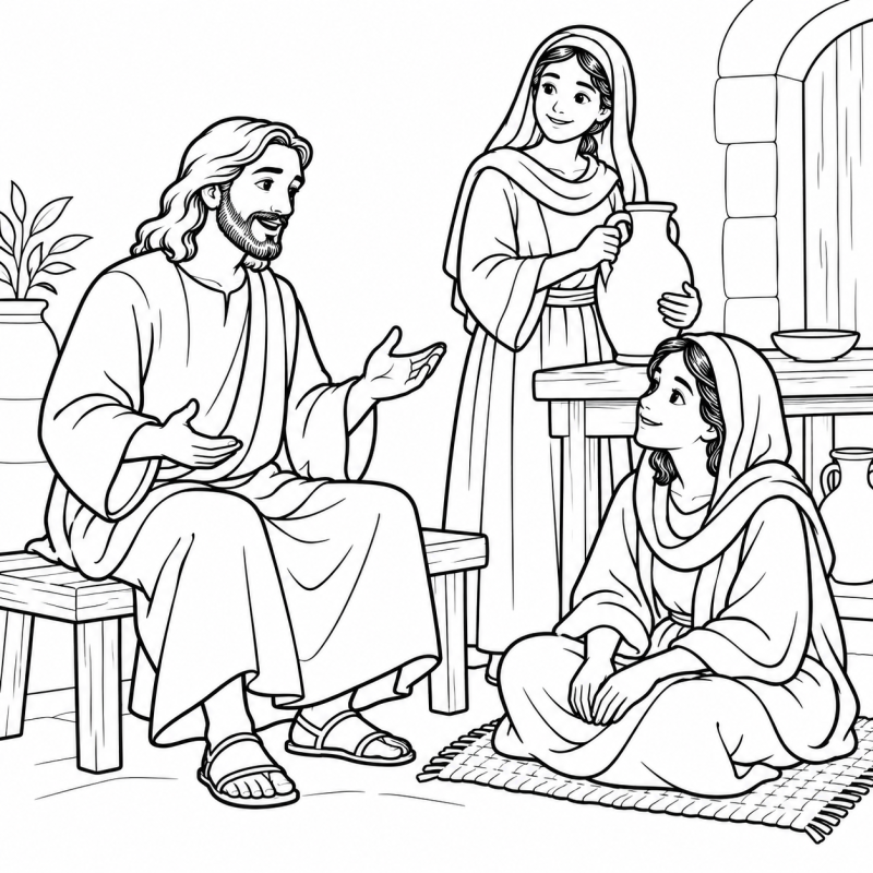 Jesus sentado com Maria ouvindo e Marta segurando jarro