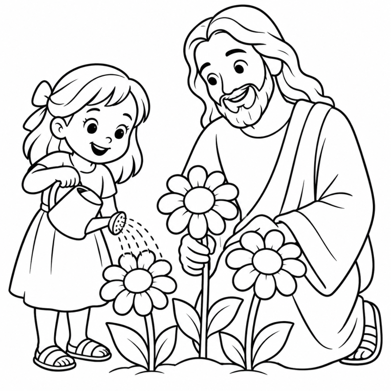 Jesus e menina regando três flores para colorir