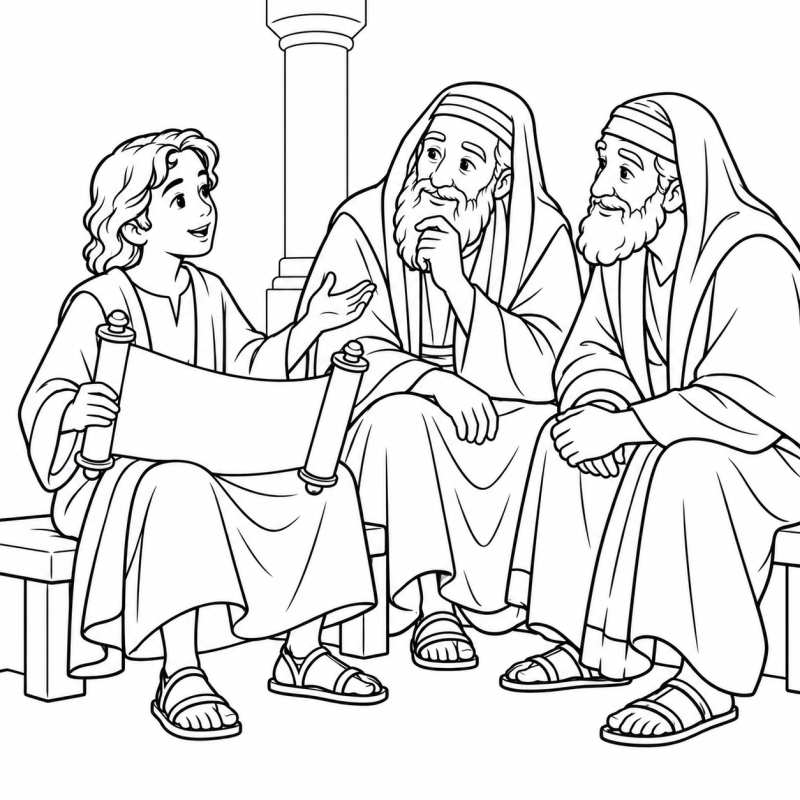 Jesus menino mostrando um rolo aberto a dois mestres no templo