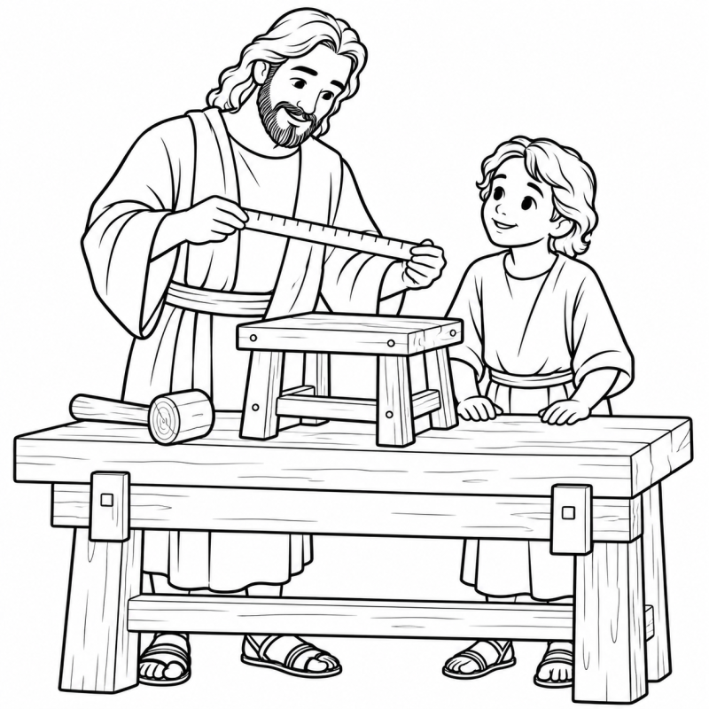 Jesus menino e José ao lado de bancada de carpintaria