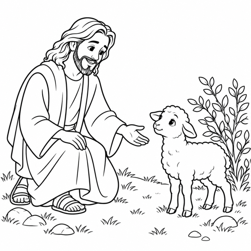 Jesus ajoelhado próximo de ovelhinha ao lado de arbusto