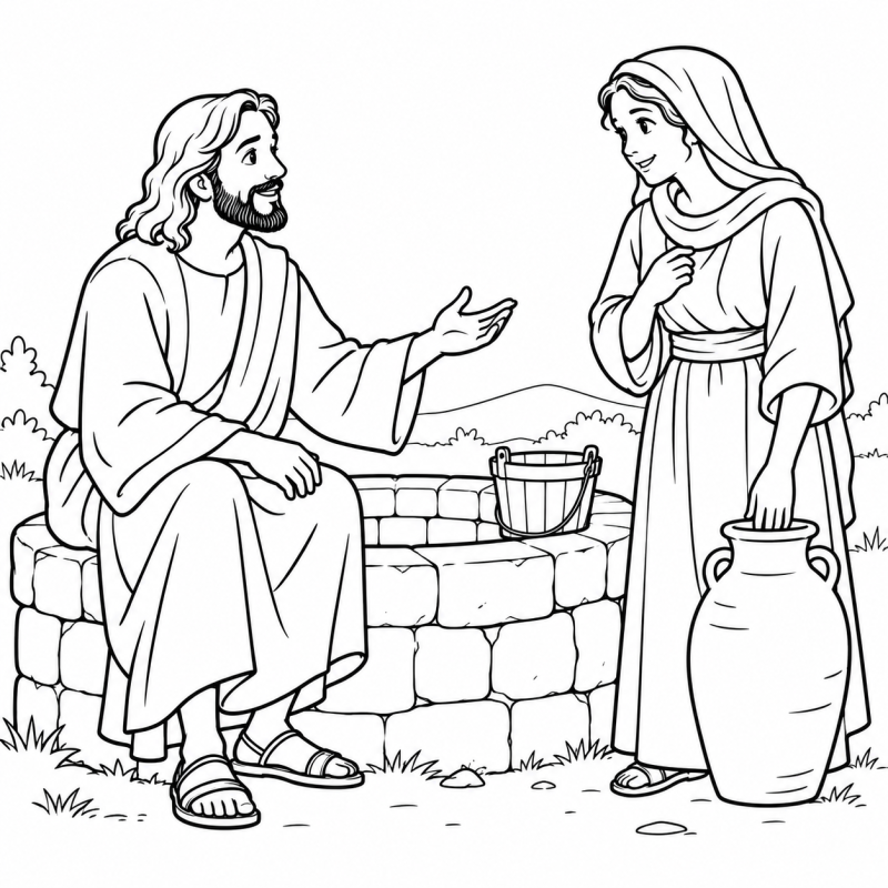 Jesus conversando com a samaritana junto a poço de pedras e jarro