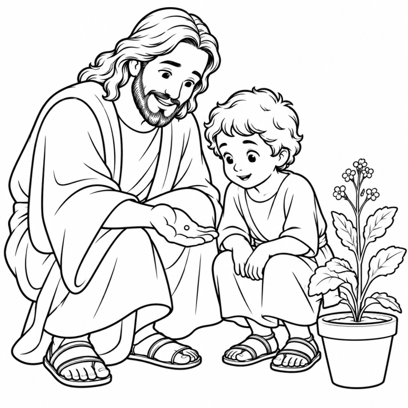 Jesus mostrando uma pequena semente a criança junto a planta