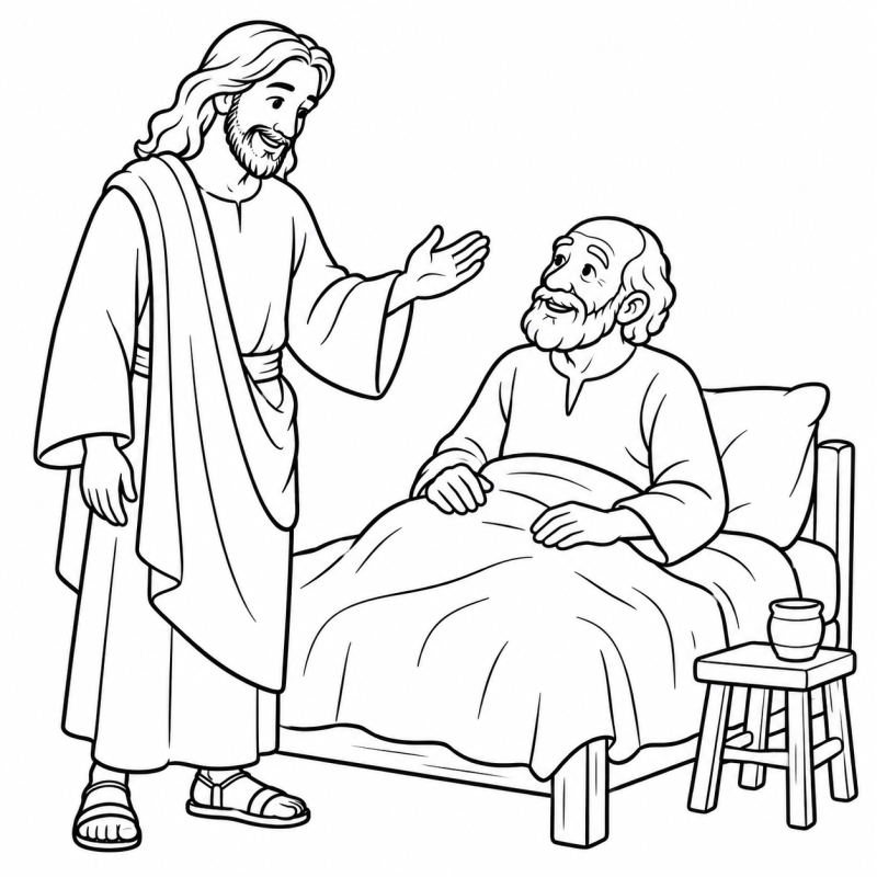 Jesus visitando homem idoso sentado na cama com manta