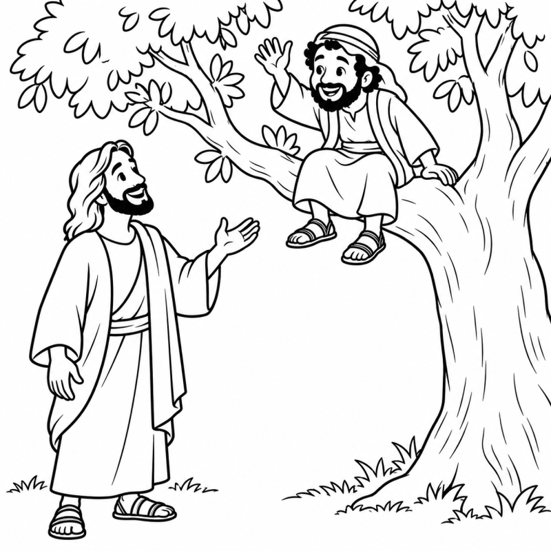 Jesus olhando para Zaqueu sentado num galho de árvore