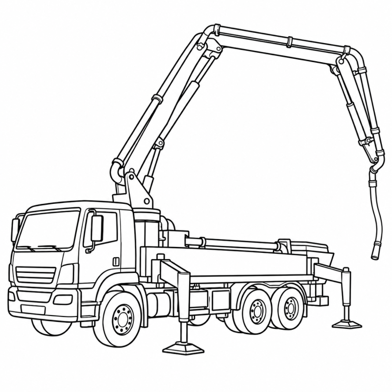 Desenho para colorir de um caminhão-bomba de concreto com braço articulado e apoios laterais
